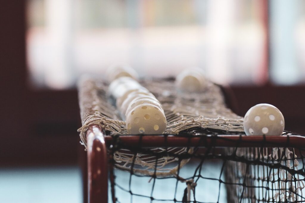 Unihockeybälle und Schläger auf einem Tor